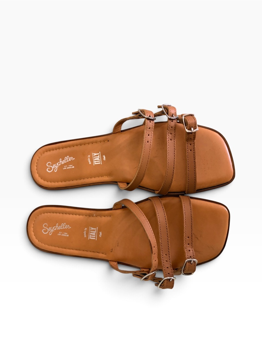 Seychelles Made in Italy Tan Leather Strappy Buckle Flat Slides 9.5M